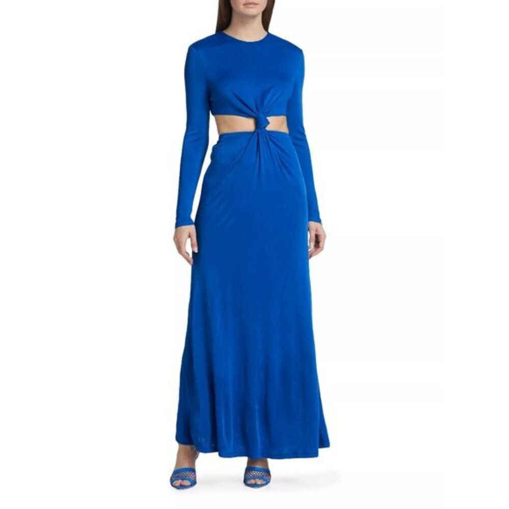 Farm Rio Blue Maxi Dress Knotted Cutout Satin Maxi Dress Sz L New